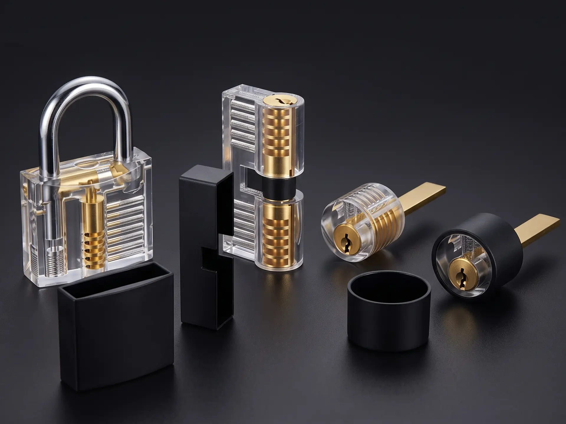 Transparent practice locks with their black practice covers