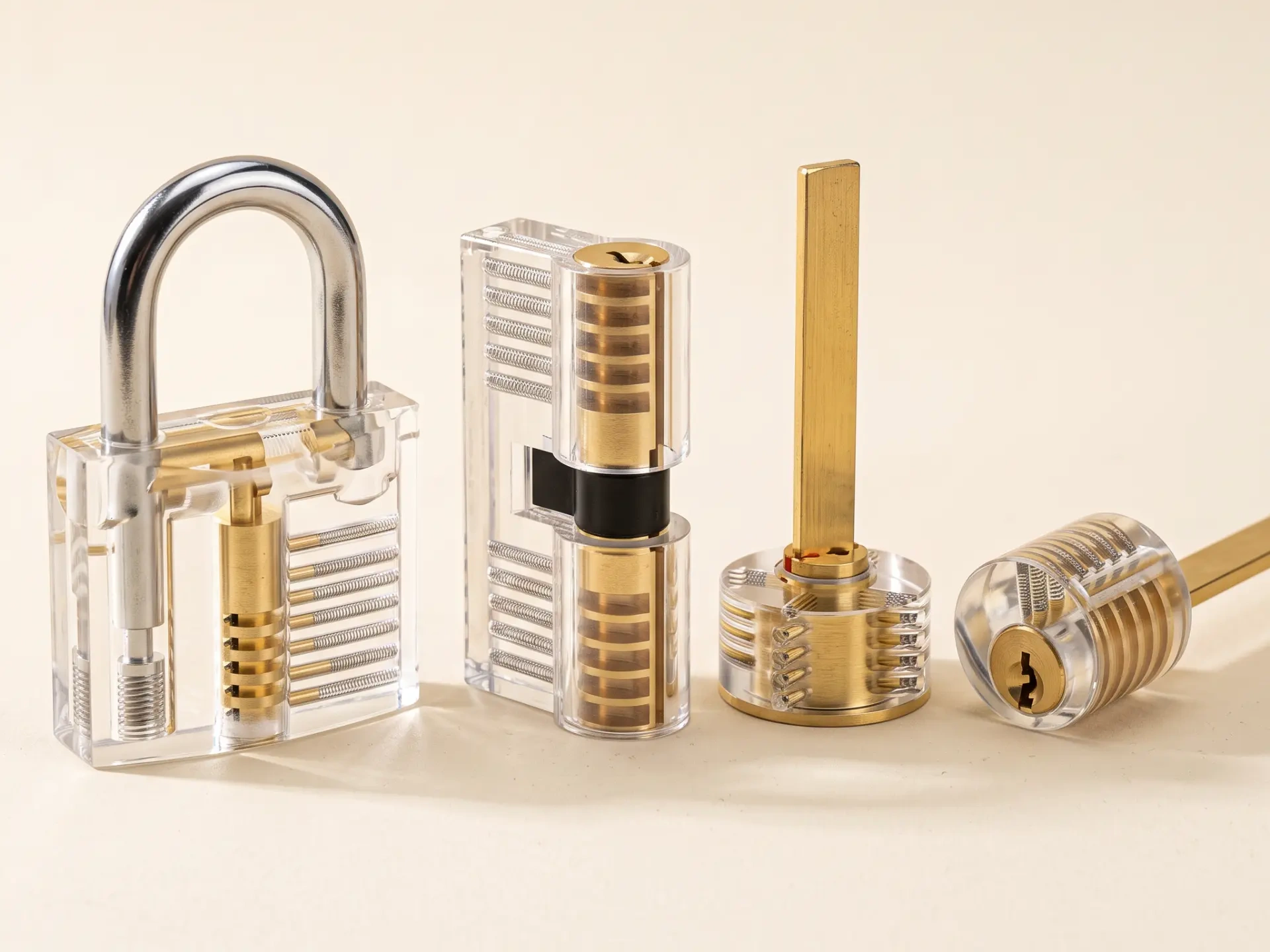 Four transparent PickCraft practice locks showing internal components